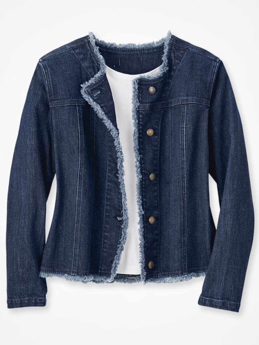 Dark denim rough hem jacket collarless size medium petite